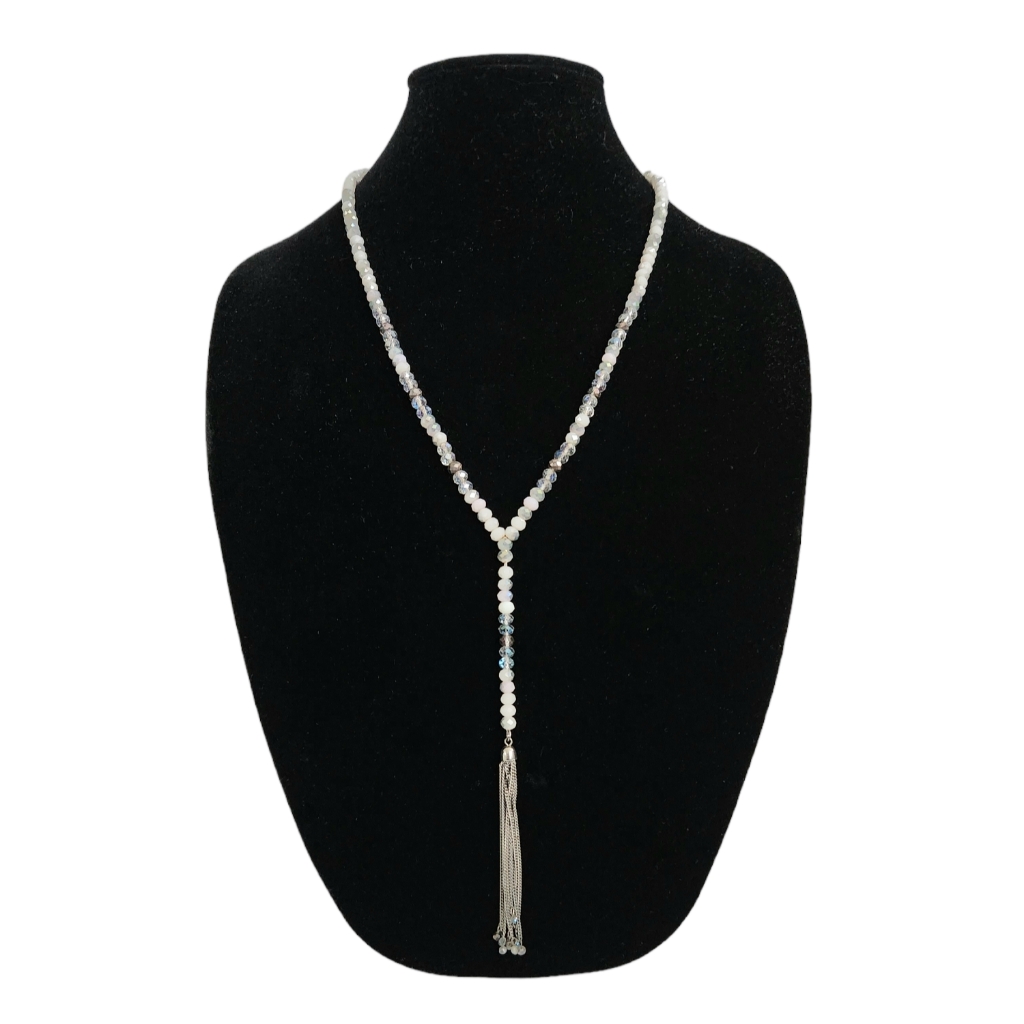 Jessica Simpson Silver Tone Beaded Necklace Gunmetal Chain Tassel Boho Signed 18$